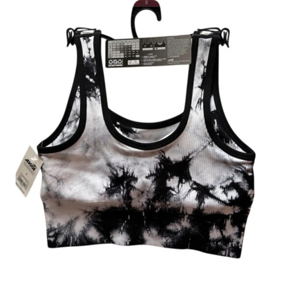 Avia Womens Double Scoop Sports Bra Black White Tie Dye Ribbed Low Support S - Picture 3 of 4